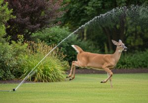 Deer startled by motion activated sprinkler